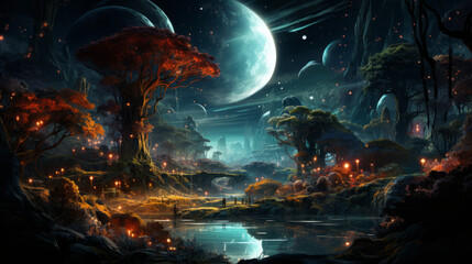 Wall Mural - magic of the world, a magical forest full of mushrooms and creatures with moon in background, generative ai