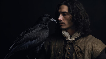 Poster - portrait of a person with a bird, man and his raven, generative ai