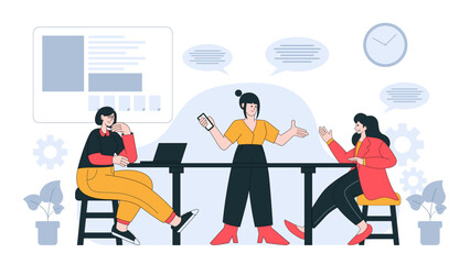 Business meeting in flat vector illustration style design related to market research, company report, teamwork and discussion in white background with geometric elements.