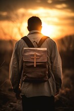 Missionary Man With Suitcase On His Back Walking Through The Field At Sunset Taking He Word Of God Generative AI Illustration
