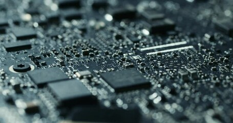 Electronic chip component on the blue printed pcb. Concept of computer hardware and digital computing of big data. Integrated circuit board with processor close up.