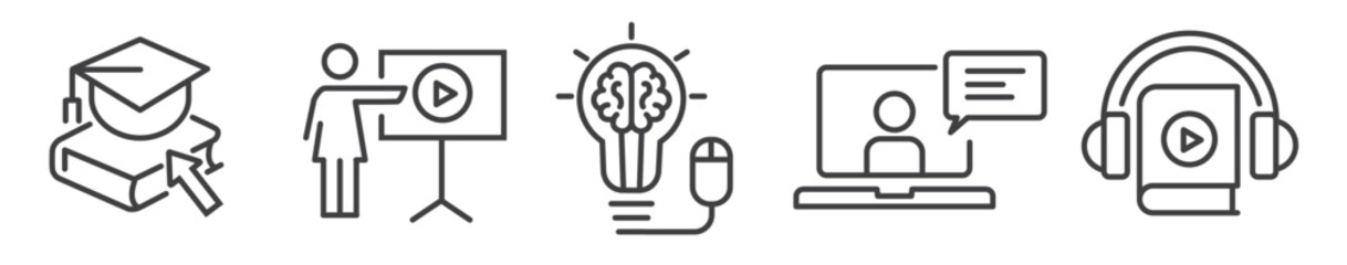 Wall Mural - e learning, webinar and online education - thin line icon collection on white background - vector illustration