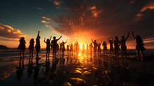 Sunset At The Beach, Asia Group Of People Jumping On The Beach, Generative Ai