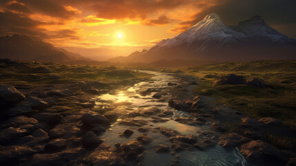 Wall Mural - sunset in the mountains, breathtaking nature landscape, generative ai