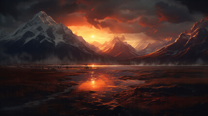 Wall Mural - sunset in the mountains, breathtaking nature landscape, generative ai