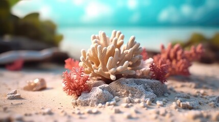 Wall Mural - white sea coral on the beach real tropical vibe background water and the sandy beach perfect golden hours relaxing sunny day at the beach ocean coastline 