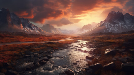 Wall Mural - sunset in the mountains, breathtaking nature landscape, generative ai