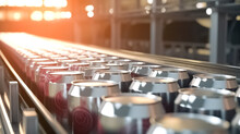 Empty New Aluminum Cans For Drink Process In Factory Line On Conveyor Belt Machine At Beverage Manufacturing. 
