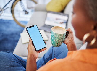 Aufkleber - Woman, hands and phone with mockup screen for communication, research or advertising at home. Hand of female person on smartphone display or chromakey for online browsing on living room sofa in house