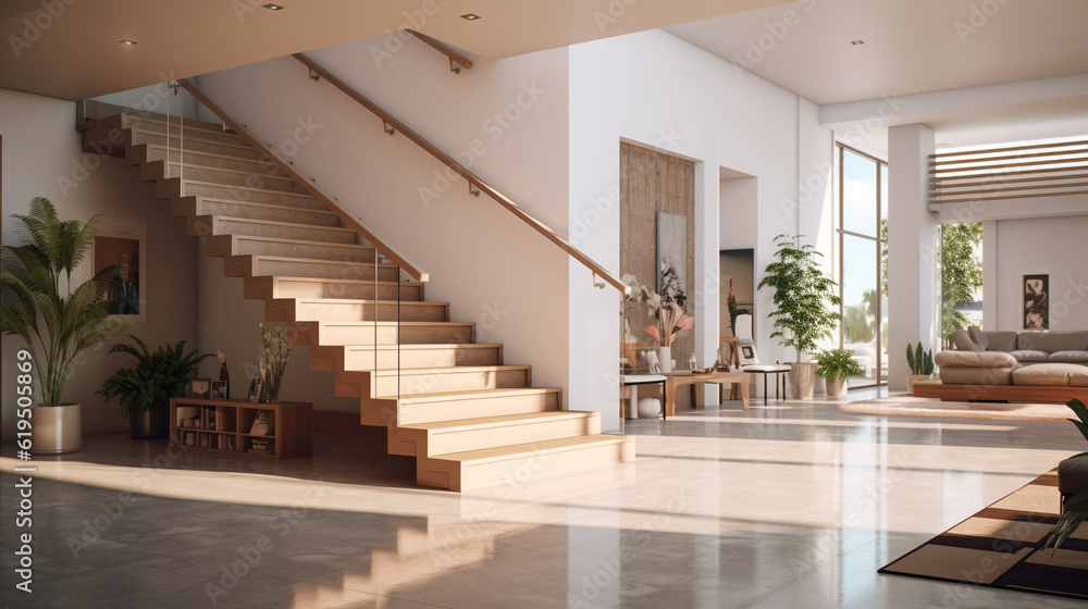Interior design of modern entrance hall with staircase in villa ...