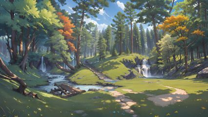   A beautiful rural nature forest. An Illustration in an anime background animation style - Set 2