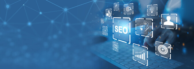Businesspeople using a computer for analysis SEO Search Engine Optimization Marketing Ranking Traffic Website Internet Business Technology Concept.Marketing, Technology, Search Engine, Web Page, 