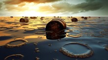 
Oil Spill And Hazardous Waste In The Ocean.
A Film Of Oil Pollutes Water And Nature, A Barrel Of Oil Floats In The Sea. Danger To The Planet. Generative AI