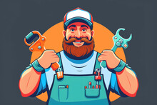 A Plumber In Overalls Holds Tools In His Hands