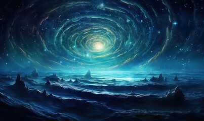  a painting of a spiral vortex in the sky over a body of water.  generative ai