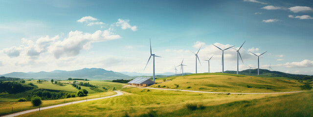 Wind turbines gently spinning in the background of tranquil countryside scene. Renewable energy sources integrated into daily life. Generative Ai content.