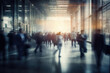 © ADDICTIVE STOCK - Generative AI illustration of abstract fast scaling of people speed motion background of blurred glass walled area illuminated with sunlight and crowd walking