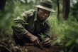 © ADDICTIVE STOCK - Generative AI illustration of focused black male in green uniform with hat planting green trees while working in forest wood with green vegetation