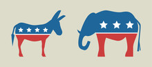 Elephant And Donkey In USA Flag Colors. Clipart For Presidential Election. Vector Illustration.