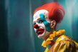 © ADDICTIVE STOCK - Generative AI image of male clown in yellow dress bright makeup and colored hair looking away while sitting in room with blurred blue colored wall