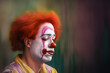 © ADDICTIVE STOCK - Generative AI image of side view of sad male clown in bright makeup and colored hair looking away while sitting in room with blurred painted wall