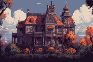 Mansion pixel art night. Generate Ai