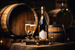A bottle of champagne or sparkling wine and two filled glasses against the background of wine barrels.