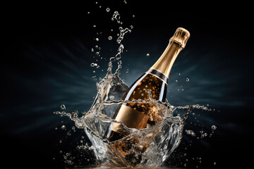 Splash of champagne around bottle of champagne or sparkling wine isolated on black background.