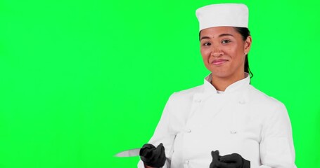 Canvas Print - Chef, woman and hand with a knife on a green screen with list, menu or choice for career or food. Asian person or cook with tools for cooking, marketing or advertising step, information or checklist