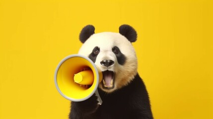 Panda shouting through megaphone isolated on yellow.Generative AI