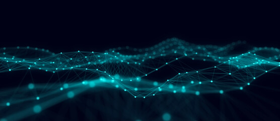 Fototapete - Technology blue wave with lines. Big data visualization. Analytics representation. Digital background. 3d rendering.