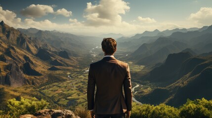 back view of businessman standing on top of mountain, Reaching business goals concept.