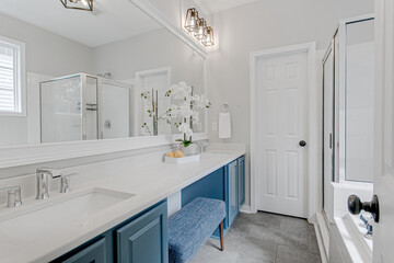 Bright clean modern primary bathroom with blue accent cabinets minimally styled furniture and farmhouse light fixtures