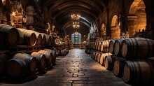 Wine Barrels In Wine Vaults, Wine Or Whiskey Barrels, French Wooden Barrels.