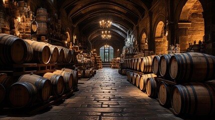 wine barrels in wine vaults, wine or whiskey barrels, french wooden barrels.