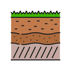 Wall Mural - Soil, ground level or section agriculture color line icon. Harvest grow outline vector sign with lawn or plants on soil layers. Farming or agronomy symbol, sapling cultivation thin line pictogram