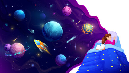 Wall Mural - sleeping kid girl and galaxy space background. cartoon vector sweet little child sleep lies on soft 