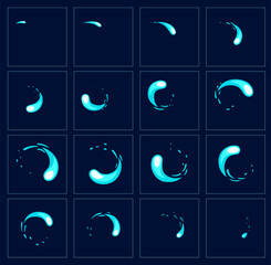 Water motion sprite sheet of animated swirl, vector cartoon animation of liquid effect for game. Water splash motion frame of 2D FX sprite sheet of drop whirl or wave circle twirl and round rotating