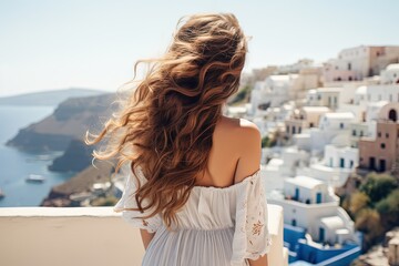 pretty attractive young woman at mediterranean cliff top village view, generative ai