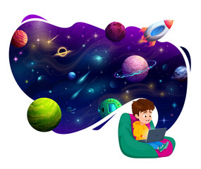 Wall Mural - cartoon child boy sitting on bag chair with laptop and thinking about space discovery. imaginative v