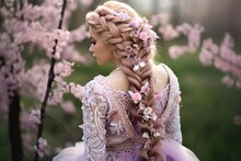 Beautiful Woman In Bridal Dress Walking In Pink Flower Garden, Fairytale Atmosphere, Generative Ai