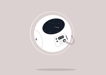 Wall Mural - A round astronaut robot wearing a spacesuit floating in outer space, a futuristic life concept