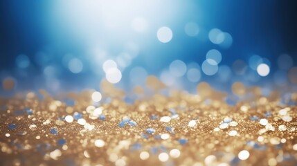 Background with bokeh. Abstract defocused gold and blue glitter background. generative ai