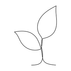 Wall Mural - Leaves continuous line drawing. Plant branch one line art. Vector illustration isolated on white.	