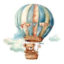 Bear In Hot Air Balloon In Watercolor Style