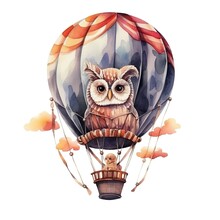 Owl In Hot Air Balloon In Watercolor Style