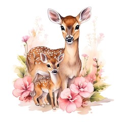 Canvas Print - deer with a fawn with an owlet in flowers in watercolor style. Isolated . Generative AI