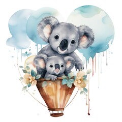 Wall Mural - mom and baby koala in hot air balloon in watercolor style