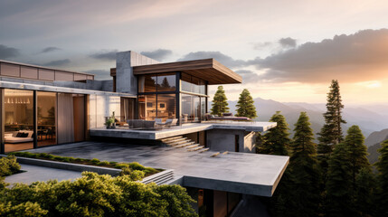 Wall Mural - Front home facade of minimalist design. The facade incorporates large floor-to-ceiling windows, views of mountains. The exterior combines concrete and wood features, AI Generative