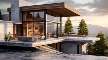 Wall Mural - Front home facade of minimalist design. The facade incorporates large floor-to-ceiling windows, views of mountains. The exterior combines concrete and wood features, AI Generative